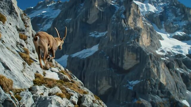 A horned goat leaps across a rocky mountainous terrain with snowy peaks in the background