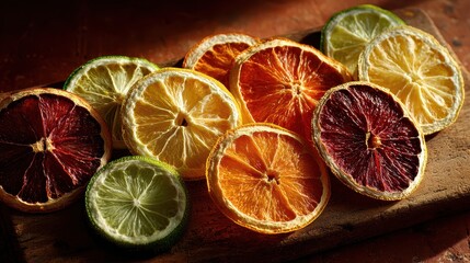 Vibrant colorful dried citrus slices assortment including lemon lime orange and blood orange on wooden surface