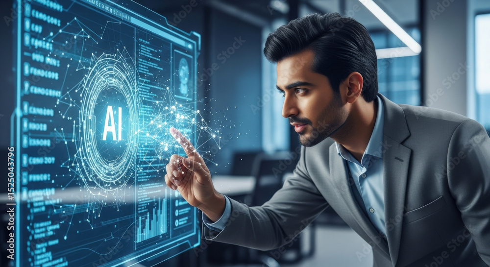 Wall mural futuristic ai: businessman touching holographic brain interface. advanced technology for software de