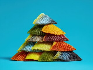 Colorful textured triangular fabric pieces stacked to form a pyramid on blue background
