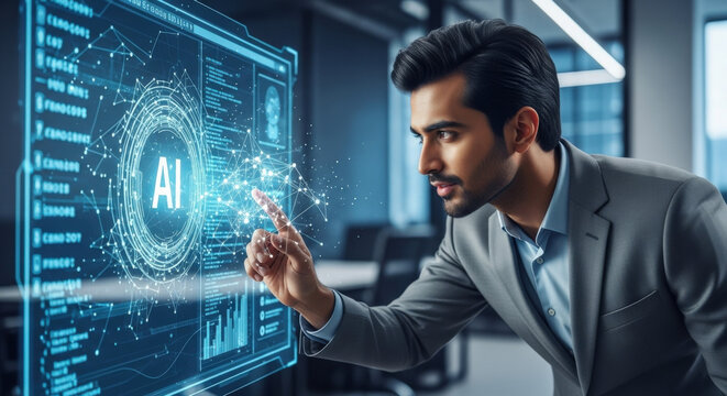 Futuristic AI: Businessman touching holographic brain interface. Advanced technology for software development, data processing, neural networks, and intelligent business solutions.