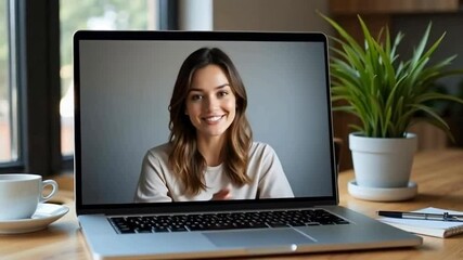 A woman engages in a video call displayed on a laptop, set in a cozy workspace with green plants and coffee cups. - Powered by Adobe