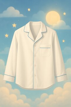 A white pajama shirt set against a dreamy backdrop of clouds, stars, and a glowing sun, evoking a whimsical and serene bedtime atmosphere filled with warmth, comfort, and gentle tranquility.