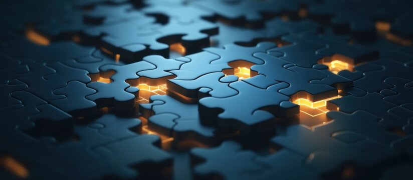 Dark puzzle pieces illuminated by glowing lights