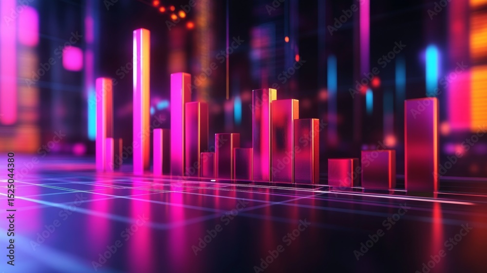 Poster a close-up of a high-tech d bar chart, featuring glossy bars in different heights and glowing accent
