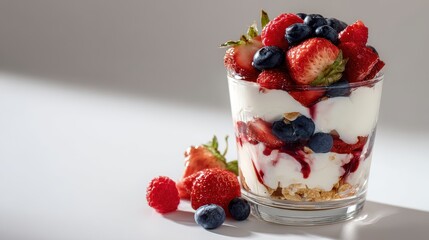 Fresh Mixed Berry Dessert in a Clear Glass with Cream and Granola on a White Surface