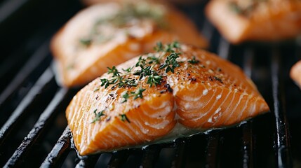 A close-up of a salmon fillet cooking on a grill, with grill marks and herbs, showcasing the process of preparing this popular seafood dish outdoors