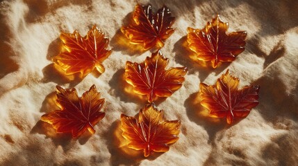 Beautiful amber-colored maple leaf candies arranged on textured beige fabric with warm lighting