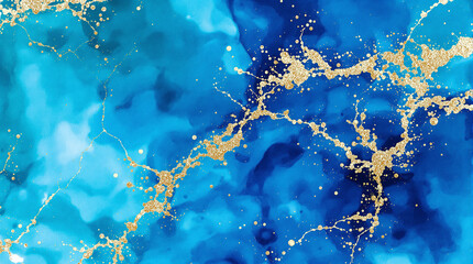 Blue and Gold Abstract: An abstract watercolor design featuring swirling blues accented with delicate gold veining. Evokes a sense of luxury, elegance, and ethereal beauty.