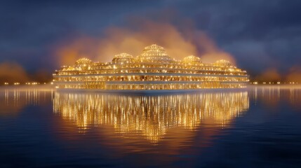 Naklejka premium Majestic Floating Palace Surrounded by Golden Clouds Reflecting in Serene Waters