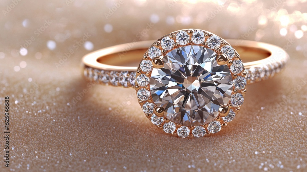 Poster a close-up of a stunning diamond ring set on a soft velvet surface, showcasing its brilliance and in