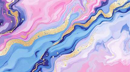 Abstract Fluid Art: Swirls of pastel pink, blue, and purple create a mesmerizing abstract artwork, accented with shimmering gold details. The fluid design evokes a sense of serenity and movement.