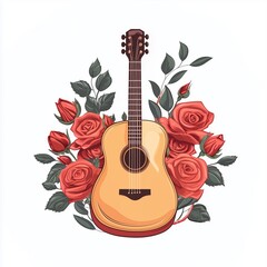 Illustration of guitar emblem surrounded with roses. On clear white background