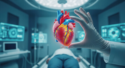 Cardiovascular disease. Heart health. Medical technology concept. Doctor shows anatomical heart model. Cardiology diagnosis, treatment. Surgery innovation. Patient care in hospital.
