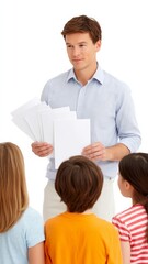 Fototapeta premium Teacher Distributing Blank Eco Homework Sheets to Engaged Students in Bright Educational Setting