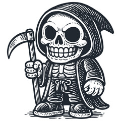 Cute cartoon Grim Reaper with a big skull face, hooded robe, and scythe. Monochrome vector art. Adorable spooky character for Halloween or fun designs.