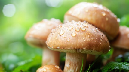 Obraz premium A close-up of fresh mushrooms with dew drops on their caps, set against a soft-focus natural background, highlighting their freshness and appeal in culinary dishes.