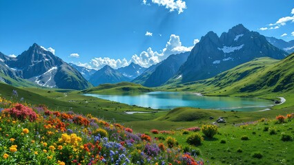 Fototapeta premium Alpine Lake with Colorful Wildflowers and Majestic Mountains