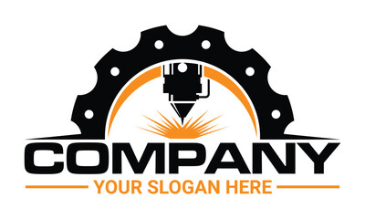 Laser cutting logo emblem with gear icon vector silhouette. Cnc machine logo vector template