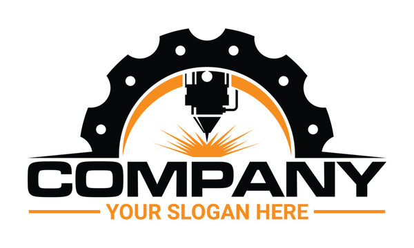 Laser cutting logo emblem with gear icon vector silhouette. Cnc machine logo vector template
