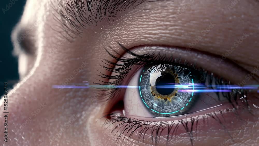 Poster close-up view of a human eye showcasing intricate details and vibrant colors in digital animation