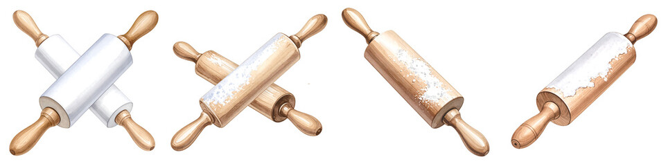 Watercolor Rolling Pin for Baking with Flour PNG set Transparent background