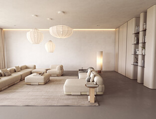 Minimalist living room with modular sofa and curved wood shelving