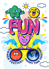A colorful and cheerful summer festival poster with lovely characters and fun vibes

