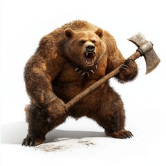 Obraz premium A bear warrior with a battle axe, towering and powerful, gritty realism, isolated on white background