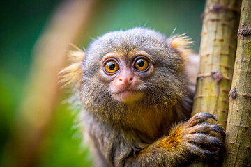 Fototapeta premium A close-up portrait of a small primate with large, expressive amber eyes, clinging to a tree branch. Its fur is predominantly gray and brown, with a reddish tinge around its face and limbs