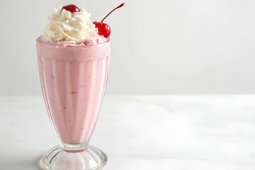 Strawberry milkshake in a ribbed glass topped with whipped cream and a red cherry, smooth texture with berry specks, fresh and indulgent dessert drink on white background