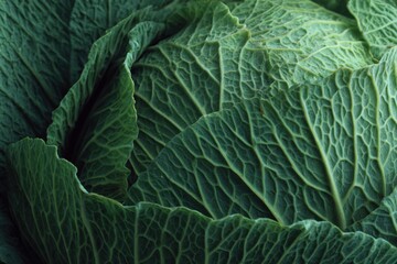 Fototapeta premium Fresh green cabbage with intricate leaf textures, showcasing vibrant colors and natural patterns, highlighting the beauty of organic produce in a close-up view