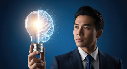 Innovative business idea concept. Businessman holding glowing light bulb brain hybrid. Creativity, inspiration, strategy for growth, problem solving, intelligence. Dark blue background.