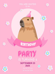 Capybara. Capybara Birthday Invitation. Pink Background