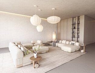 Neutral minimalist living room with sculptural shelving and soft textures