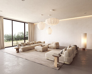 Minimalist neutral living room with large windows and modern sofas