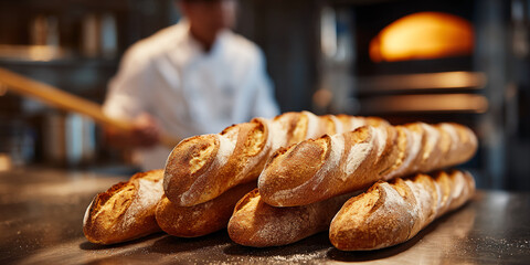 Golden-brown crusty baguettes, freshly baked, showcase artisan breadmaking, representing deliciousness and quality, ideal for bakery website or food blog