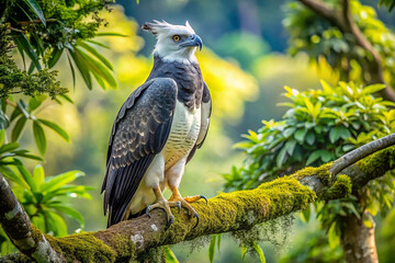 A majestic harpy eagle, perched on a moss-covered branch amidst lush green foliage, its striking white and grey plumage contrasting beautifully with the vibrant background