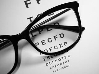 Okulary korekcyjne leżą na tablicy Snellena do badania wzroku © Paweł Kacperek