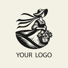 Black and white flat vector illustration of a farm girl holding a basket of vegetables. Ideal for organic, harvest, and rural agriculture themes.
