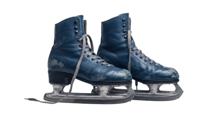 Blue ice skates ready for a winter skating session on a frozen surface