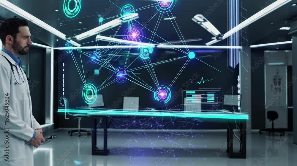 Poster Scientist interacts with holographic data display in modern research laboratory