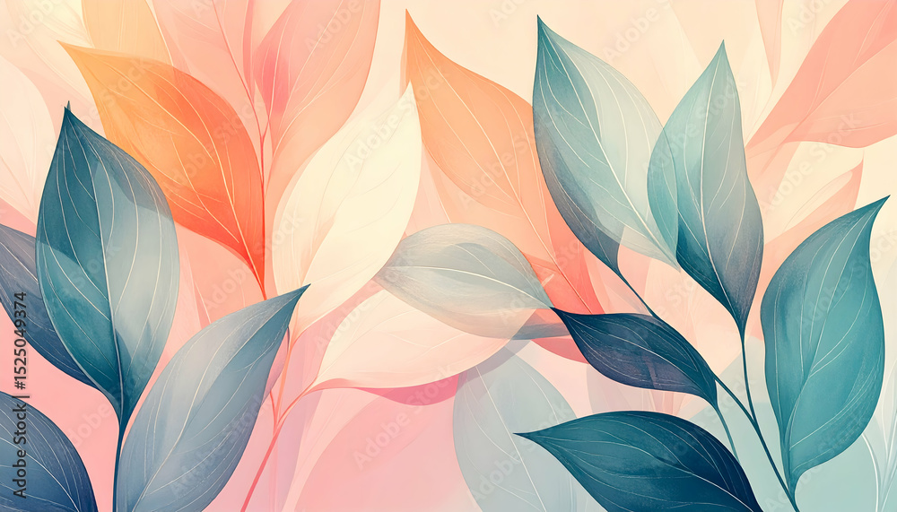 Poster abstract leaf patterns in soft pastel colors with a smooth gradient background