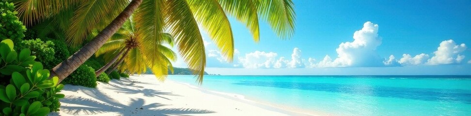 Sun-drenched palm trees leaning over a pristine white sand beach , Hawaii, summer, ocean