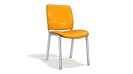 Bright Orange Plastic Chair with Cracked Seat and Shiny Metal Legs against White Background