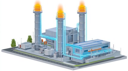 Obraz premium Illustration of an Industrial Energy Plant with Glowing Power Grids and Smokestacks