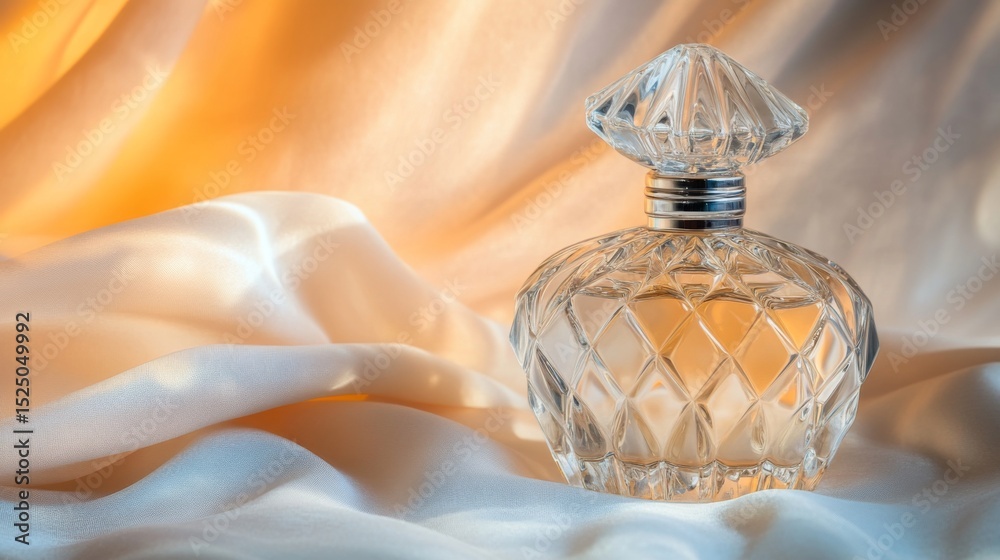 Poster a delicate crystal perfume bottle with a faceted design, reflecting light and colors, placed against