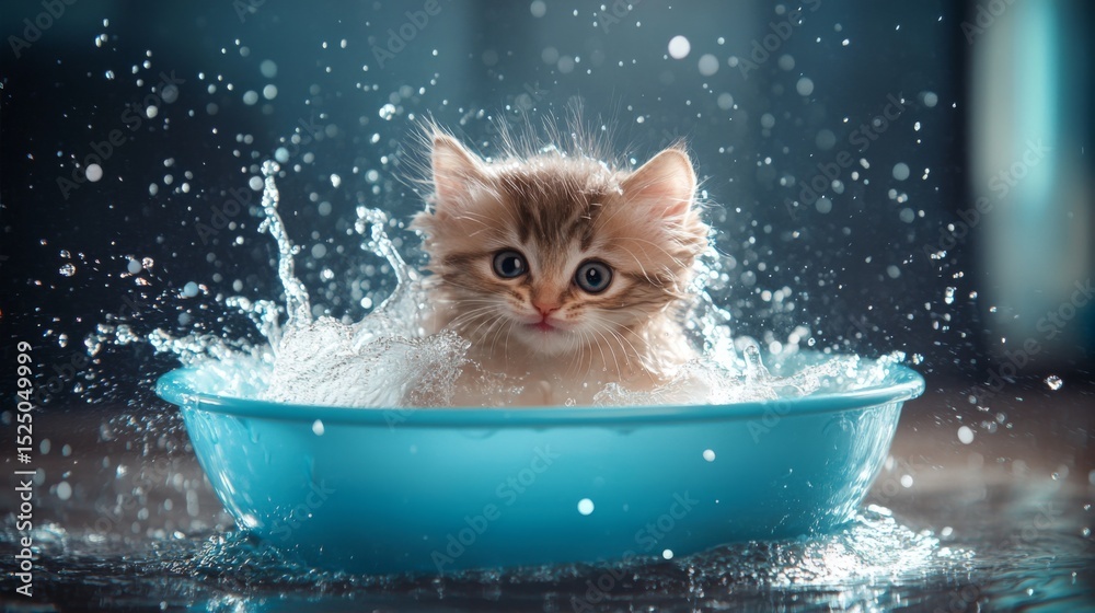 Poster a cute shot of a kitten splashing in a shallow basin of water, with droplets flying and a playful ex