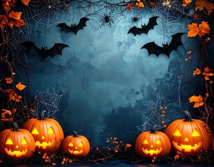Haunted Halloween Wall Background with Jack-o'-Lanterns, Bats, and Cobwebs in Dark Fantasy Style