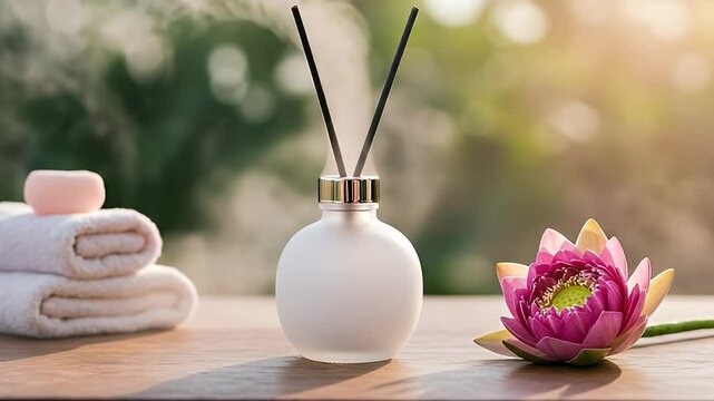 Aromatherapy Still Life Featuring White Reed Diffuser Lotus Flower and Stacked White Towels on Wooden Table With Blurred Green Background